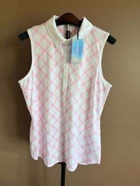 Puma Golf Cloudspun Polo Shirt Womens M Pink White Plaid Sleeveless Top NWT